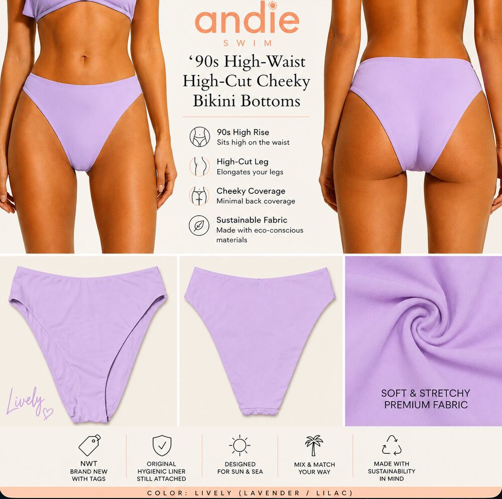 Andie The '90s High-Waist High-Cut Cheeky Bikini Bottom Lively NWT Women's Small